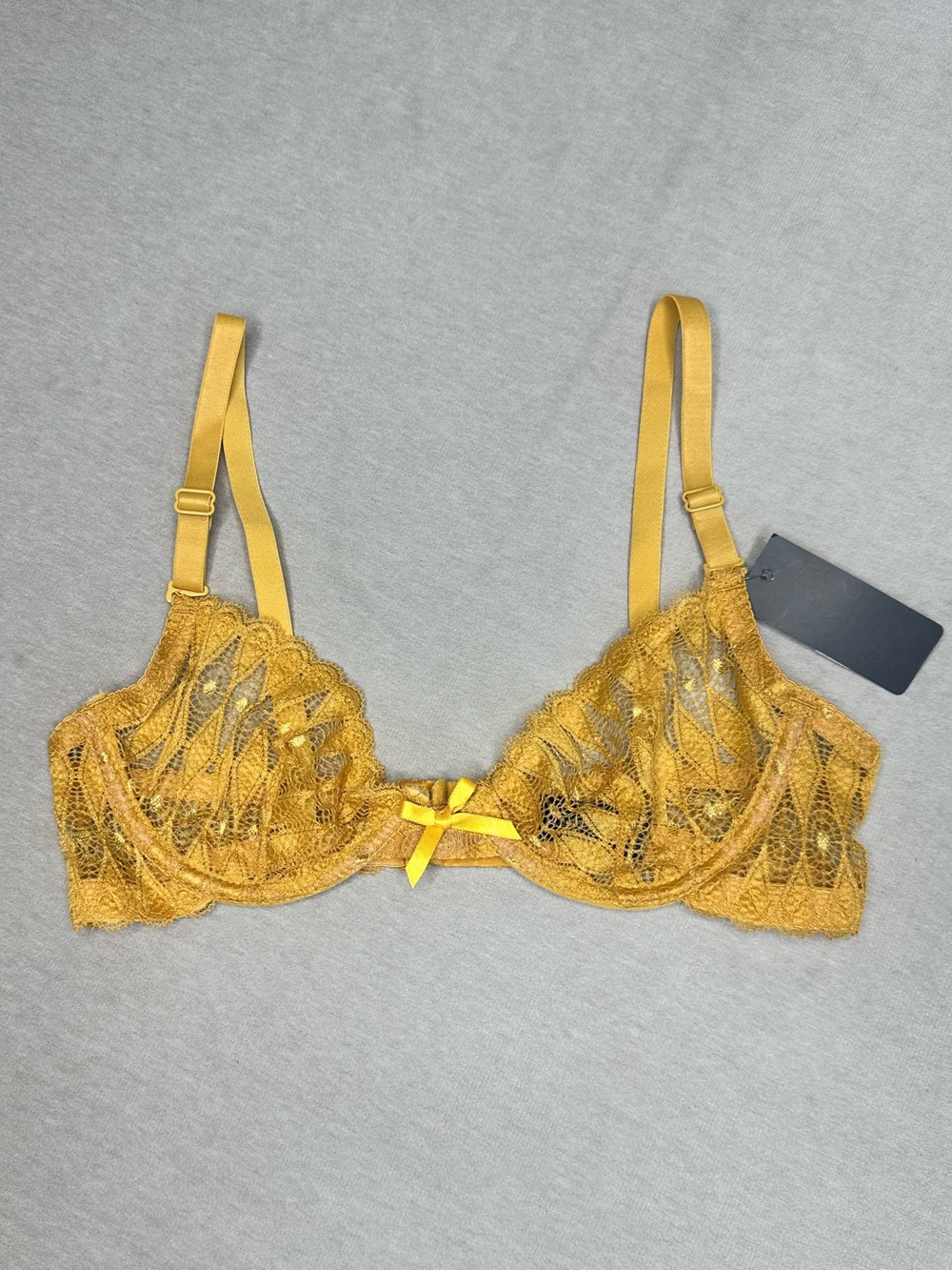 Youmita Mustard Yellow Lace Underwire Bra with Bow Accent 34B